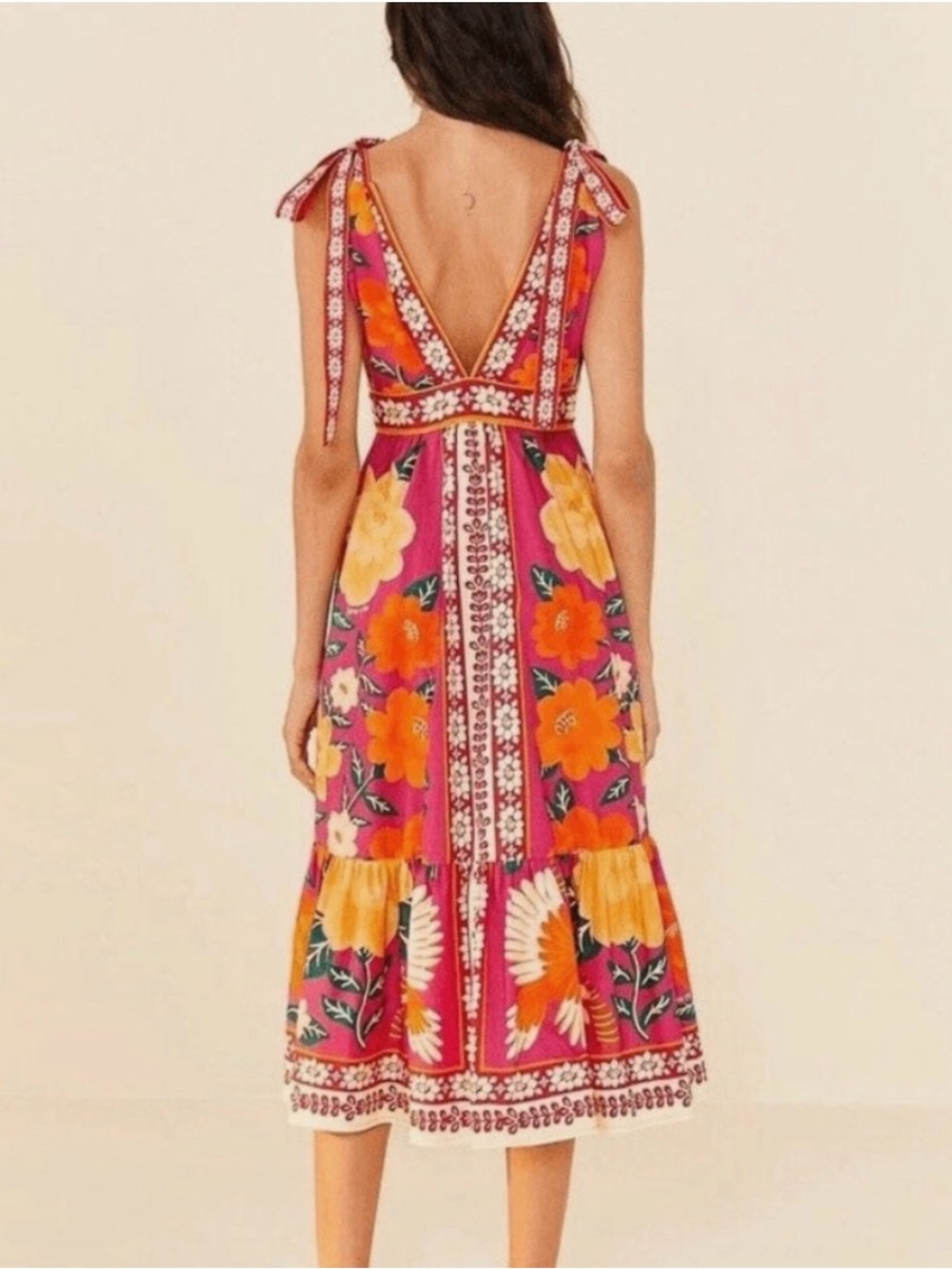 FARM Rio Pink Floral Midi Dress with Yellow & Orange Blooms - Picture 2 of 5